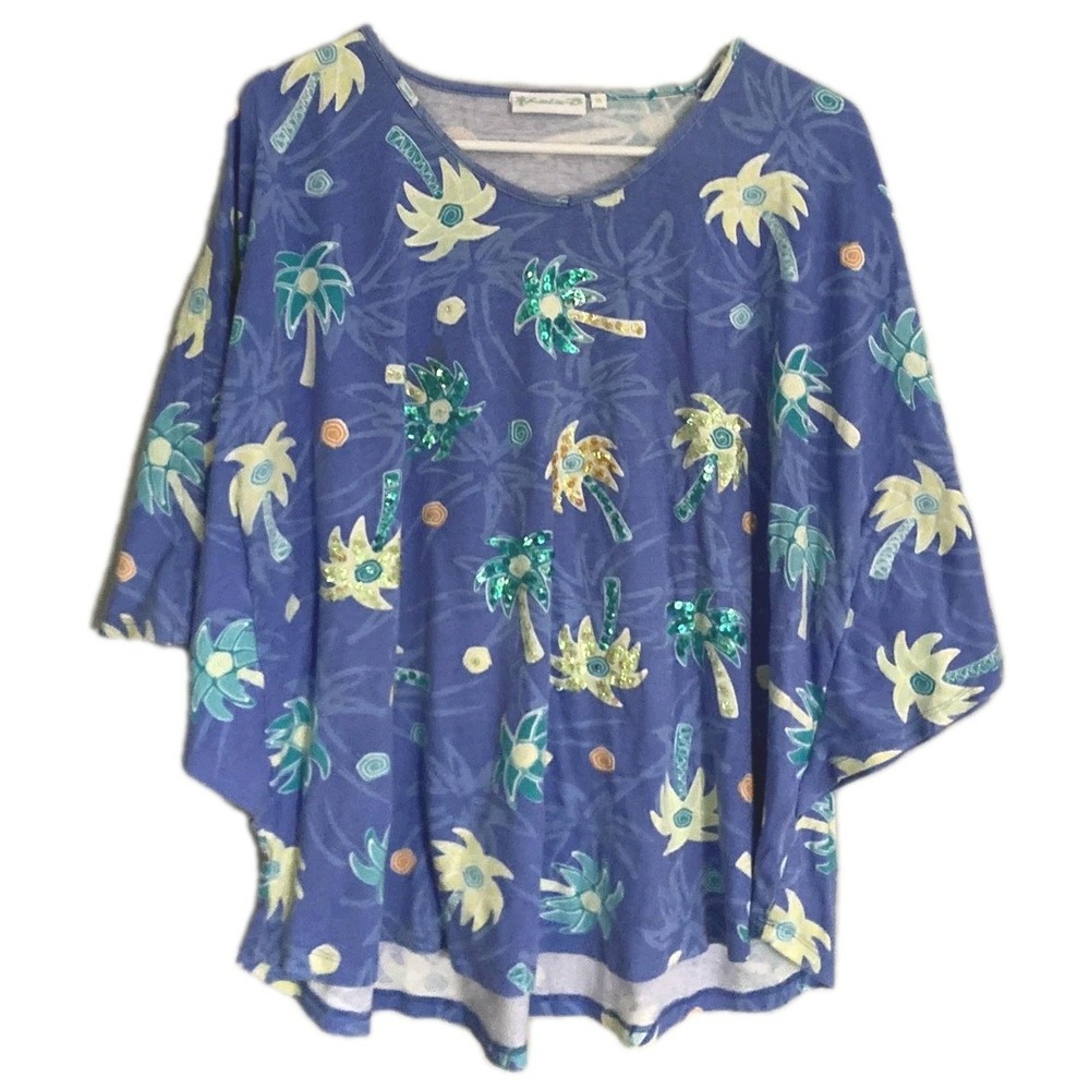 Lulu B Shirt Women 1X Palm Tree Hawaiian Sequin Kimono Sleeve Tropical Top Plus
